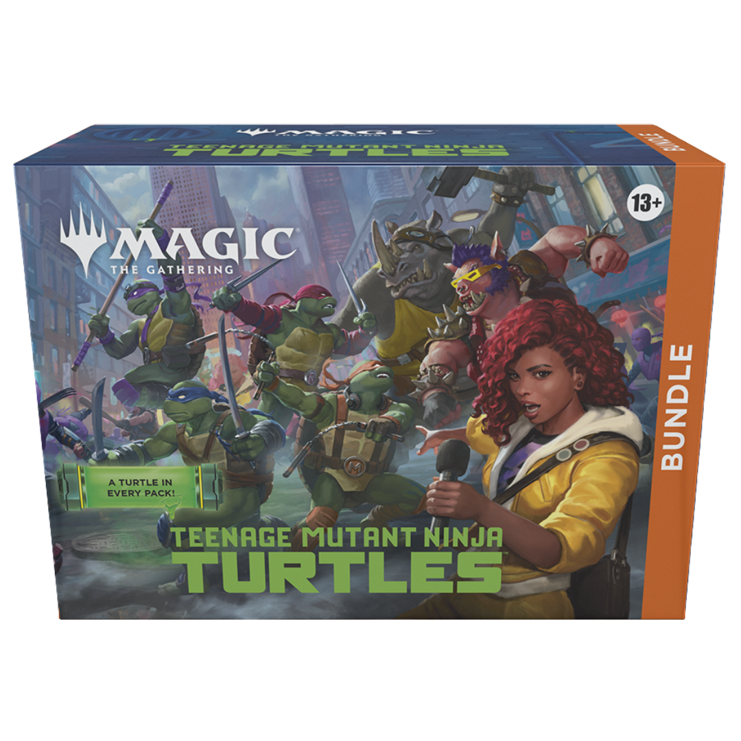 Box art of Magic: the Gathering Teenage Mutant Ninja Turtles Bundle with rooftop battle theme and characters.