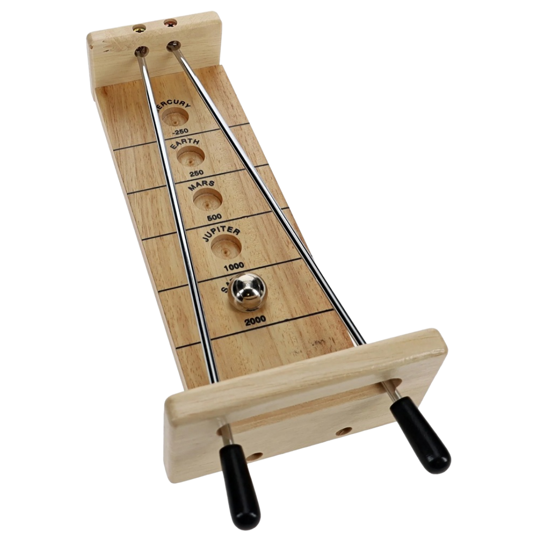 Mini Shoot The Moon travel edition wooden dexterity game with metal ball and scoring rails on solid oak board