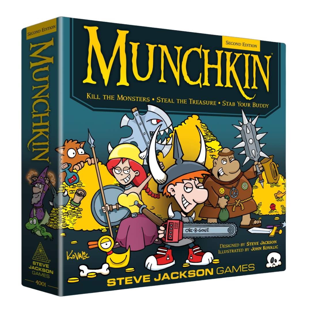 Munchkin Second Edition board game by Steve Jackson Games featuring John Kovalic illustrated fantasy characters and treasure