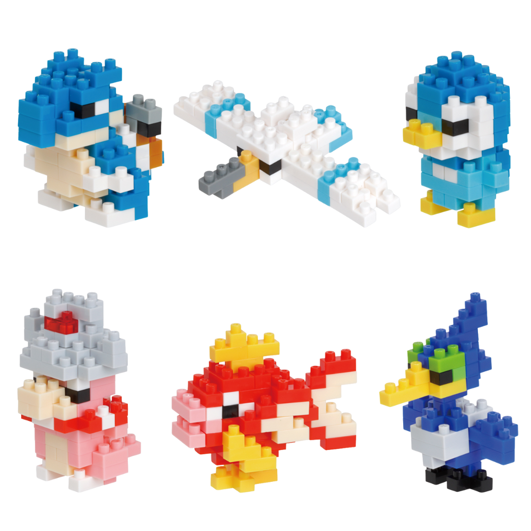 Nanoblock Mininano Pokémon Water Type Set 1, six buildable micro-brick models: Blastoise, Wingull, Piplup, Slowking, Magikarp, Cramorant