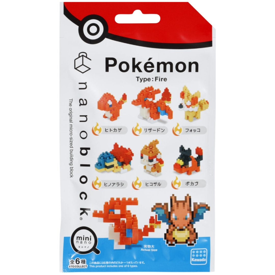 Nanoblock Pokémon Mininano Fire Type Set 1, includes six Fire-type builds like Charizard, Tepig, and Cyndaquil