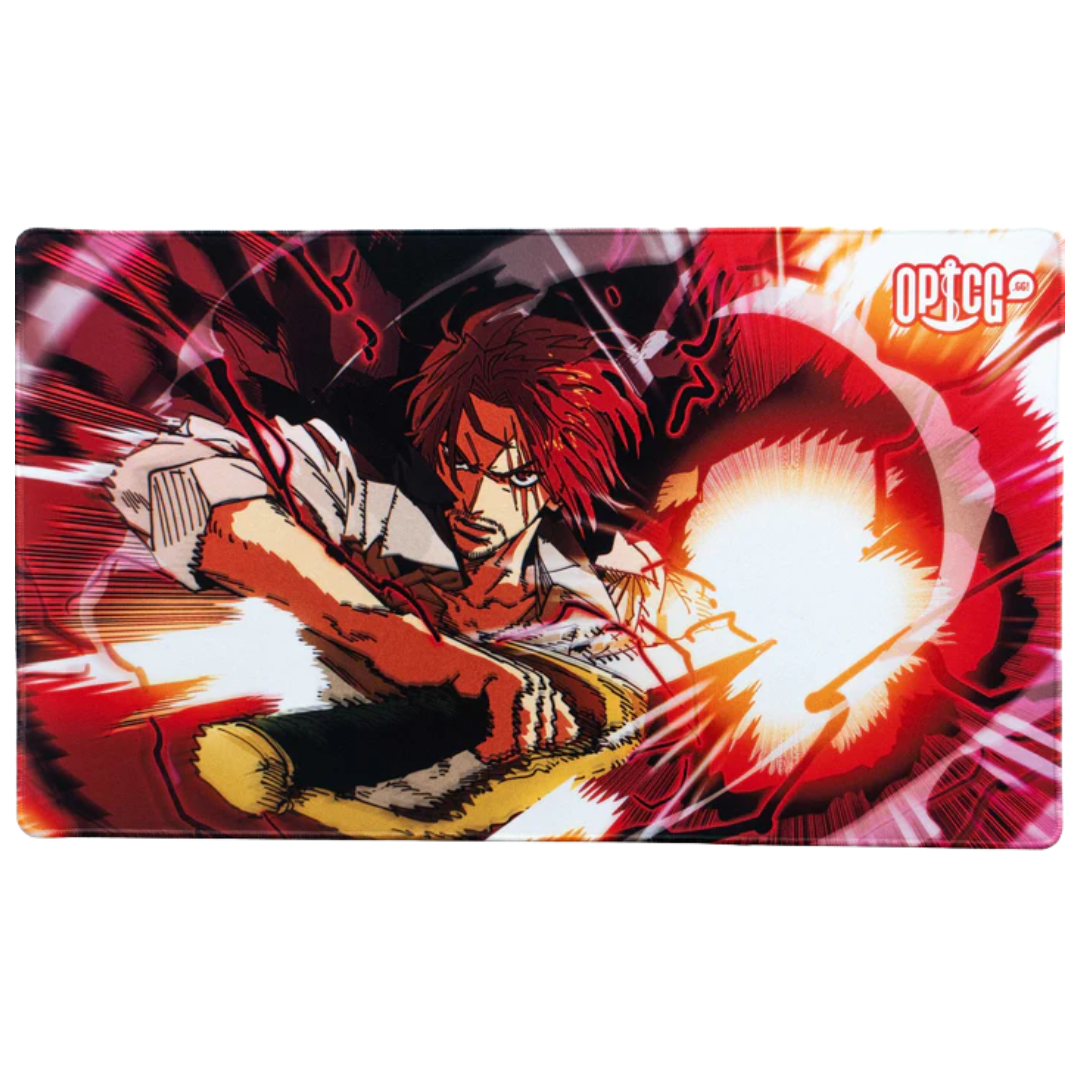 One Piece Card Game playmat featuring Shanks unleashing his haki with calm confidence and untouchable strength, illustrated by TheEvilIsaac, OPTCG premium TCG accessory.
