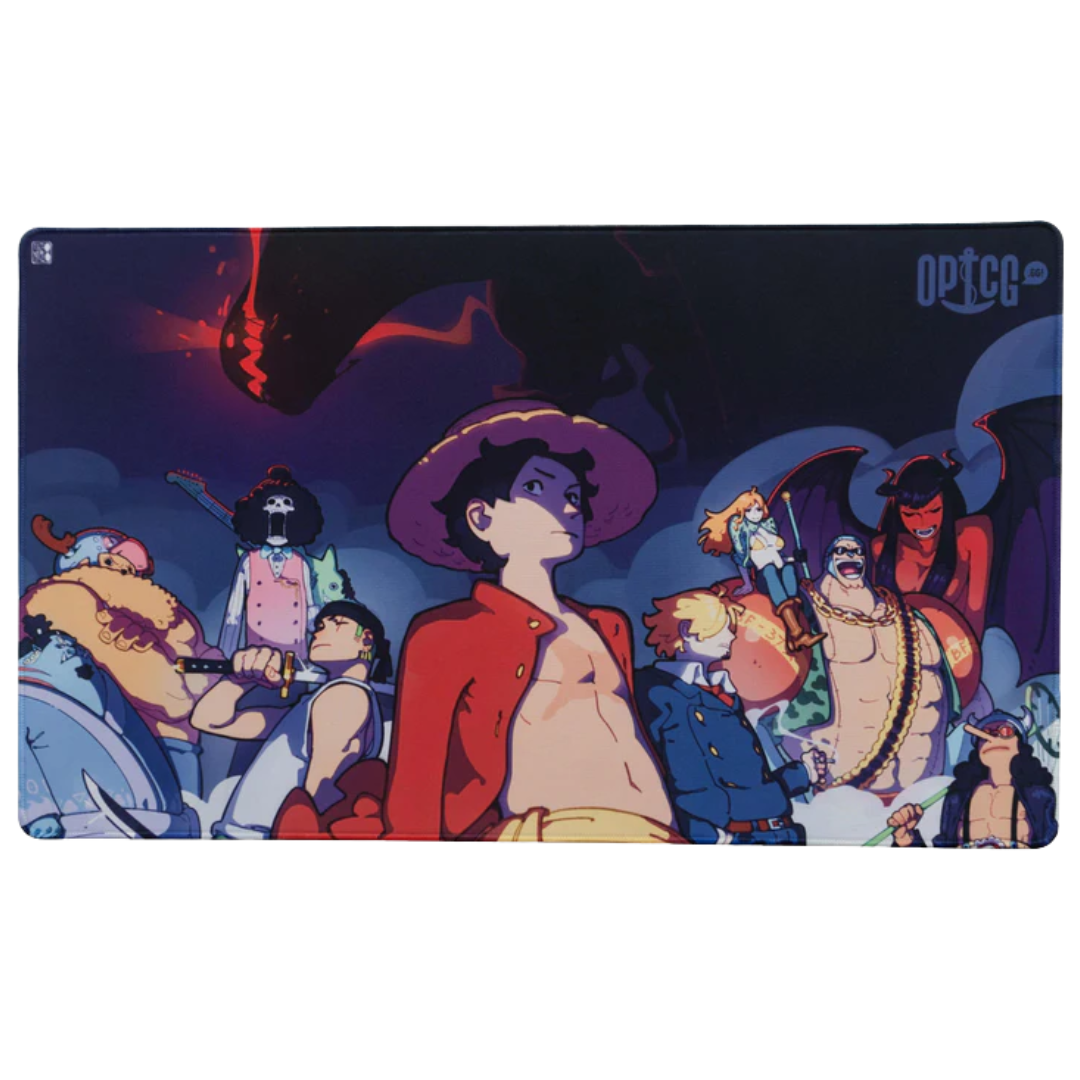 One Piece Card Game playmat with the infamous pirate crew ready to usher in a new age, featuring artwork by Mazaochizao, high-quality OPTCG TCG accessory.