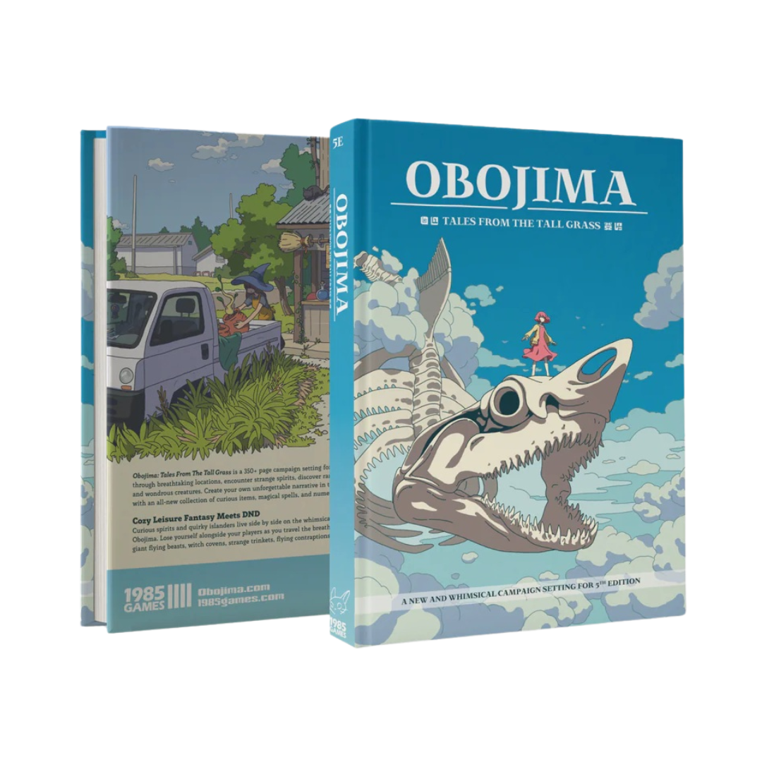 Obojima: Tales from the Tall Grass 5E setting book by 1985 Games, whimsical fantasy RPG inspired by Studio Ghibli and Zelda with new ancestries, spells, and potion system.