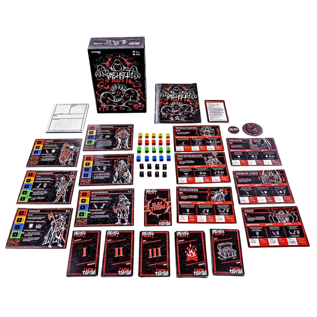One Last Fight contents with Character and Nemesis cards, tarot-size cards, dice, tokens, tracker, notepad, and rulebook.