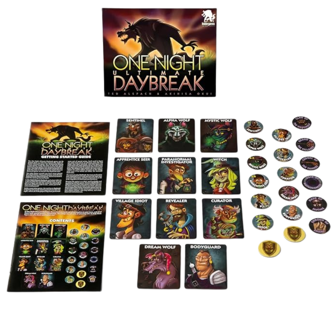 One Night Ultimate Werewolf Daybreak game components displayed including a variety of playable characters