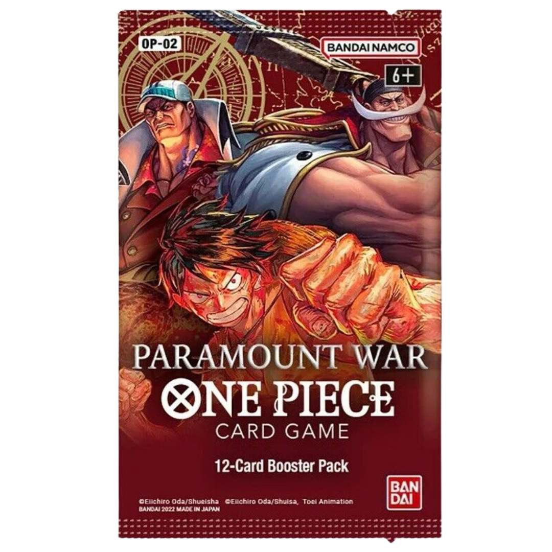 One Piece Paramount War OP-02 booster pack featuring Luffy, Whitebeard, and Akainu