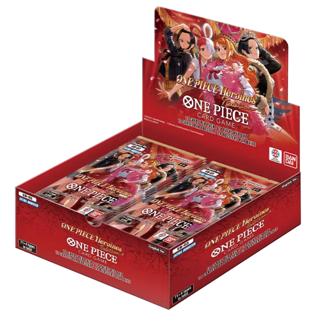 One Piece Card Game EB-03 Heroines Booster Box display featuring Nefeltari Vivi and heroines themed booster packs