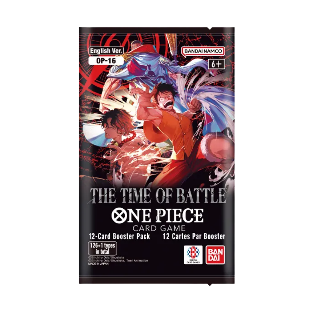 One Piece OP-16 The Time of Battle Booster Pack featuring Paramount War themed trading cards