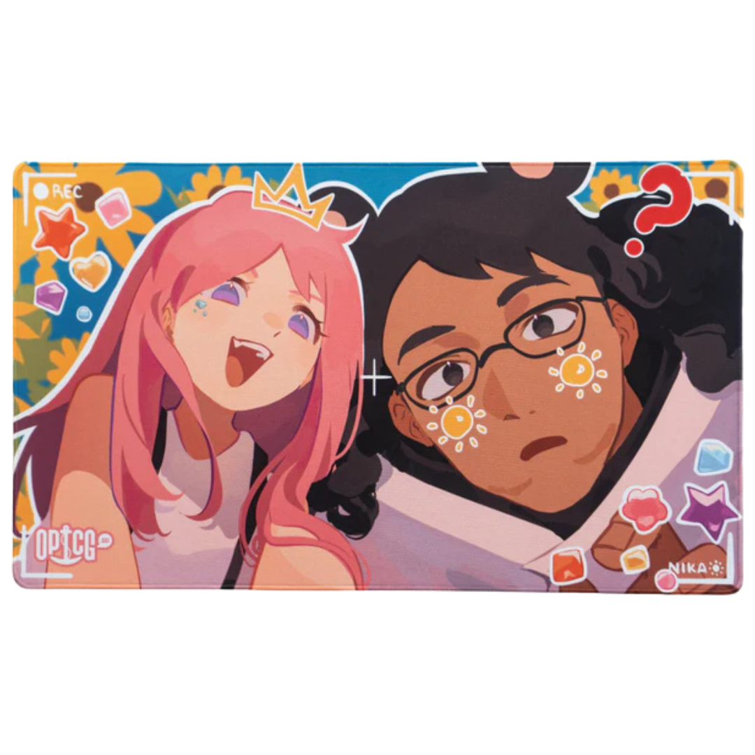 OPTCG playmat featuring Jewelry Bonney and Bartholomew Kuma, designed by mararu, with anti-slip rubber base, premium fabric, and woven edges for durability.