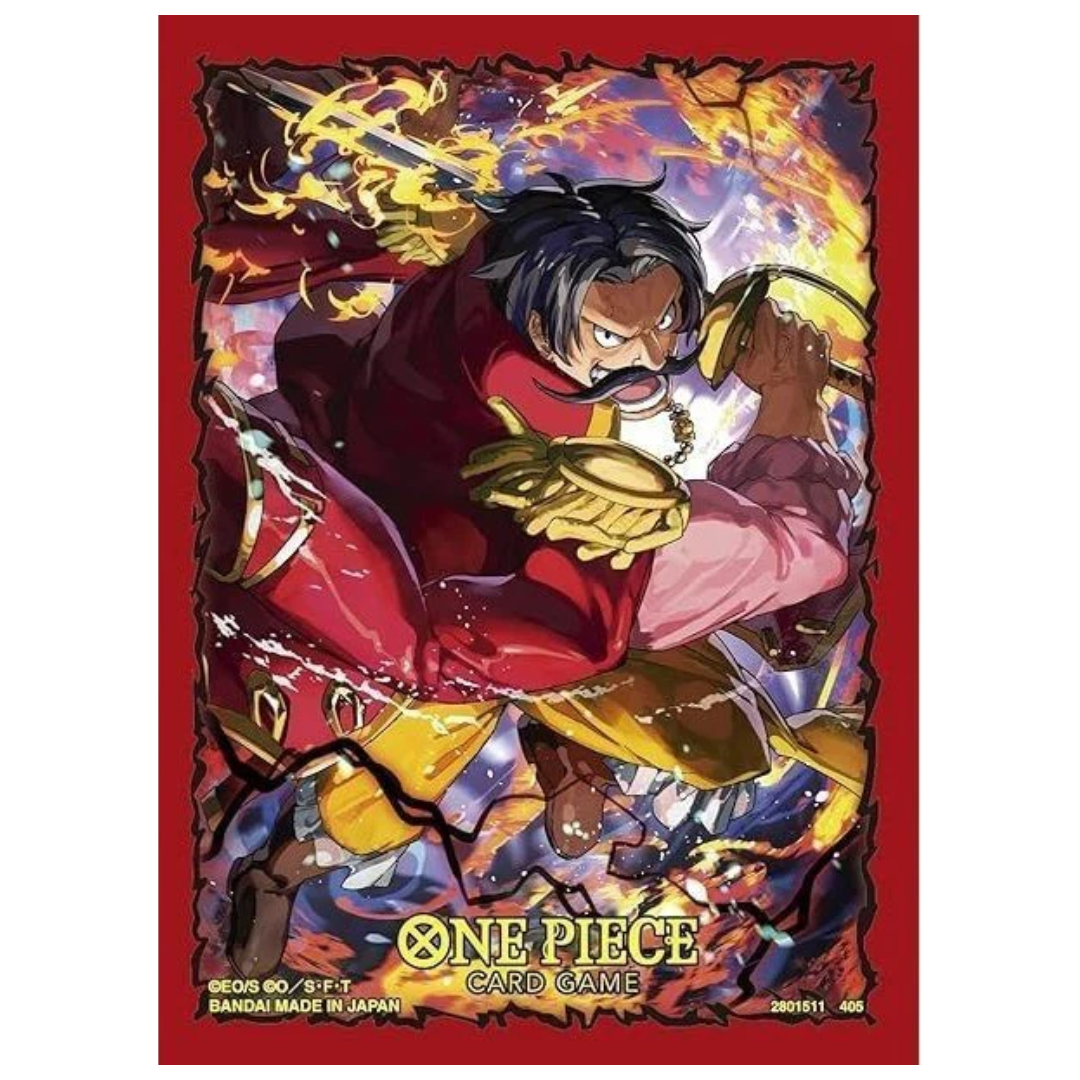 One Piece Set 12 Design A card sleeves featuring Gol D. Roger in fiery action artwork
