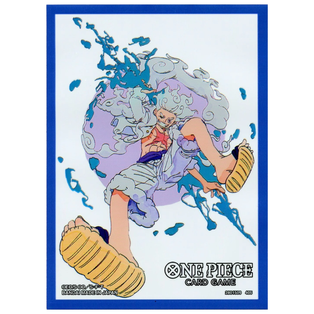 One Piece Card Game sleeves featuring Gear Five Monkey D. Luffy in dynamic blue-bordered design