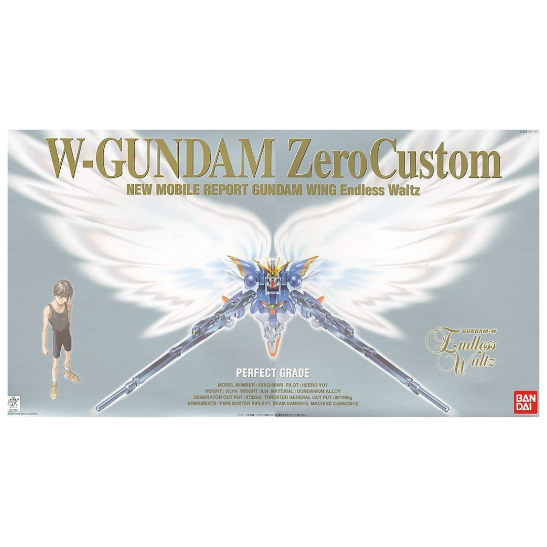 Bandai PG Wing Gundam Zero Custom Endless Waltz model kit box art featuring Heero Yuy and feathered wings design