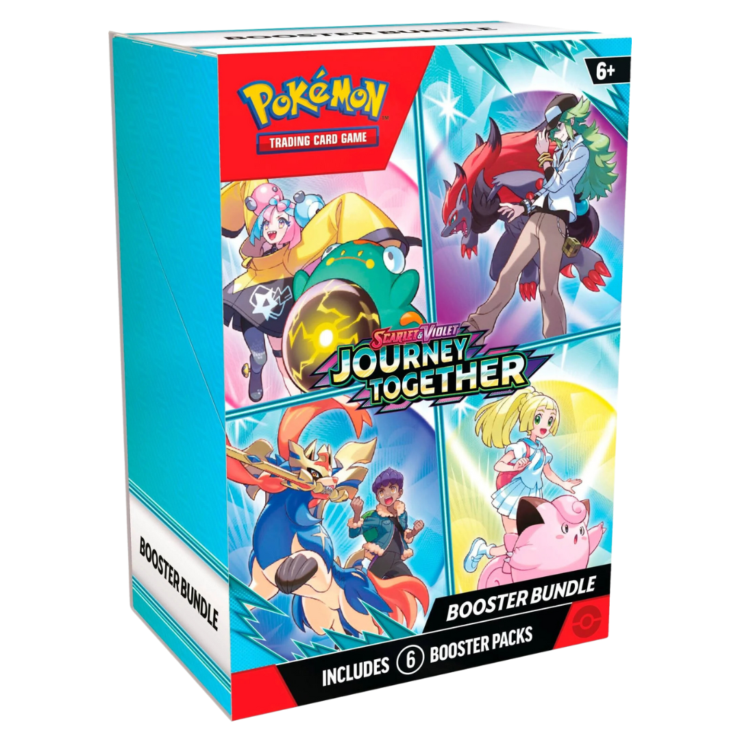 Pokémon Journey Together Booster Bundle featuring six booster packs for collectors and TCG players to discover rare and powerful Pokémon cards.