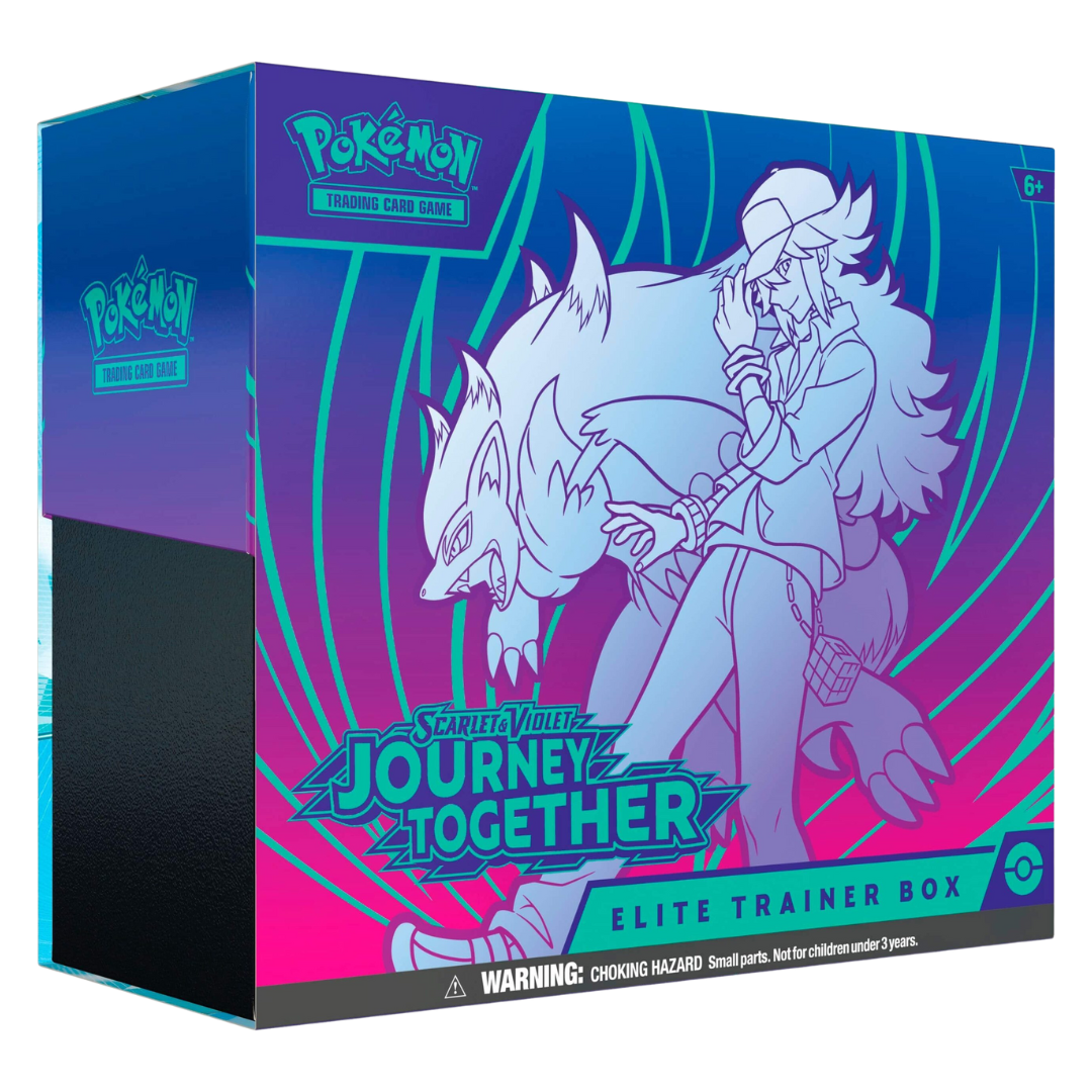Pokémon Journey Together Elite Trainer Box featuring booster packs, card sleeves, dice, and accessories for Pokémon TCG collectors and players.