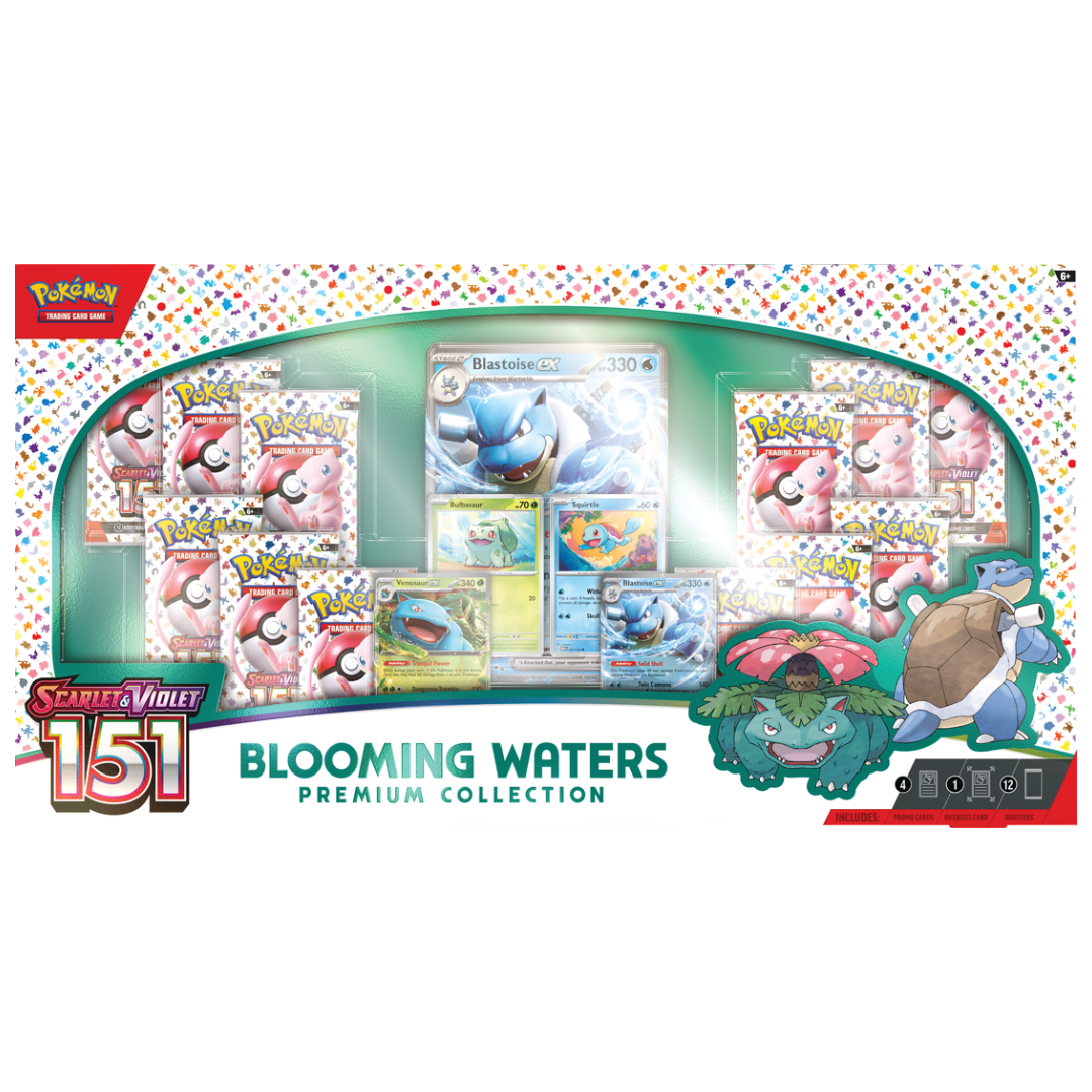 Pokémon Blooming Waters Premium Collection featuring foil promo cards, booster packs, and exclusive Pokémon.