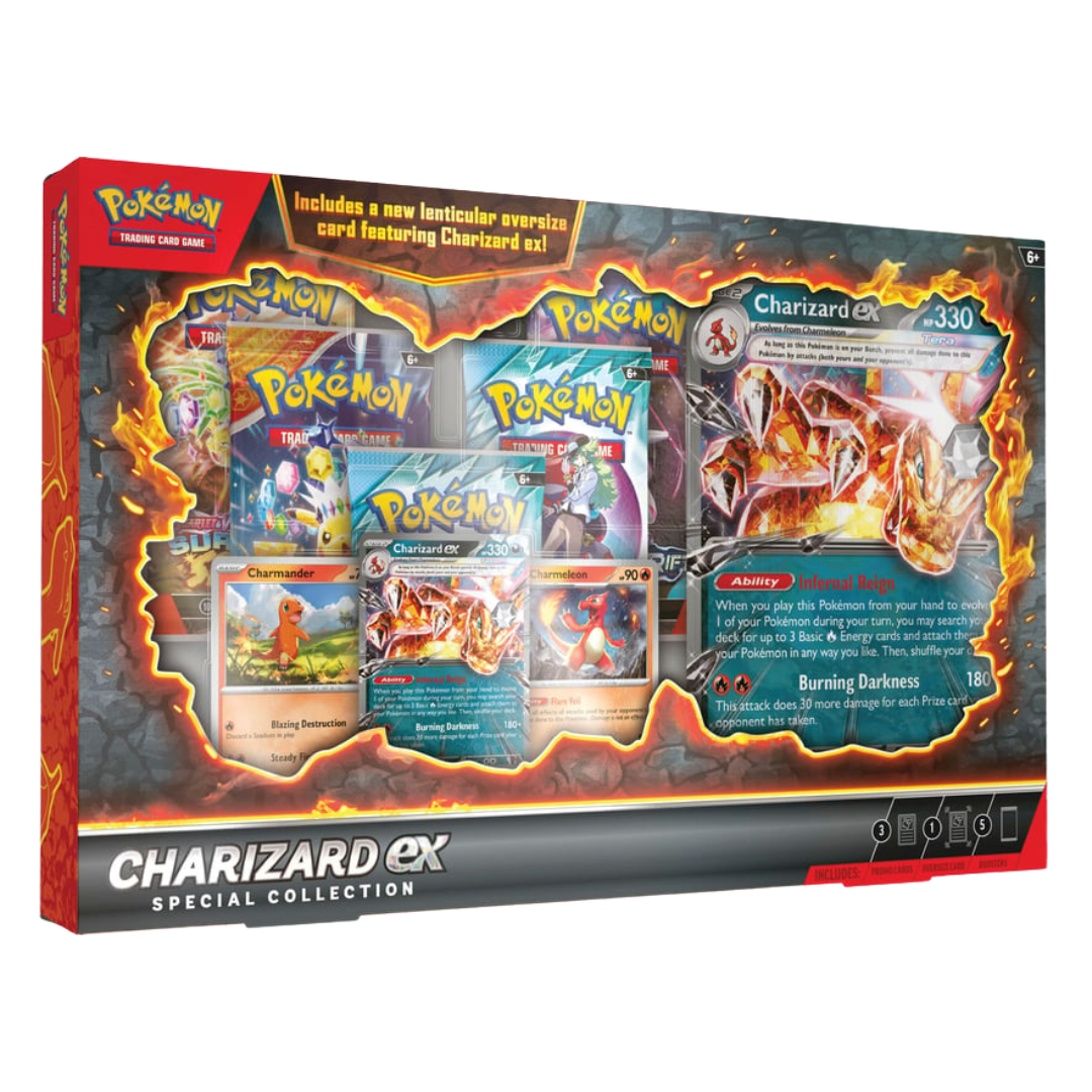 Pokémon TCG Charizard ex Special Collection box featuring Charizard ex promo card, foil cards, and booster packs.