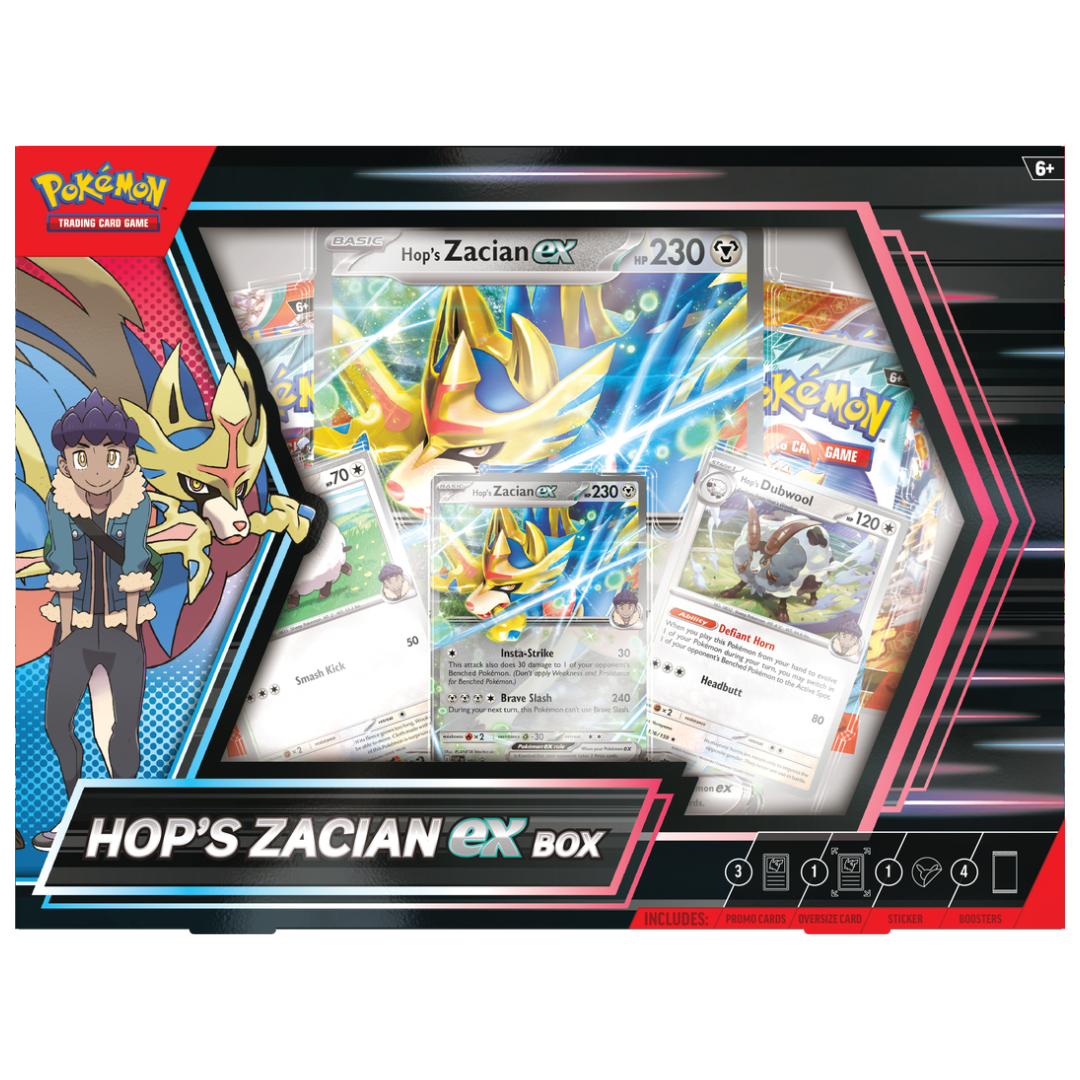 Pokemon Box Set Hop's Zacian EX, collectible set with Zacian EX card and accessories for Pokemon Trading Card Game fans and collectors.