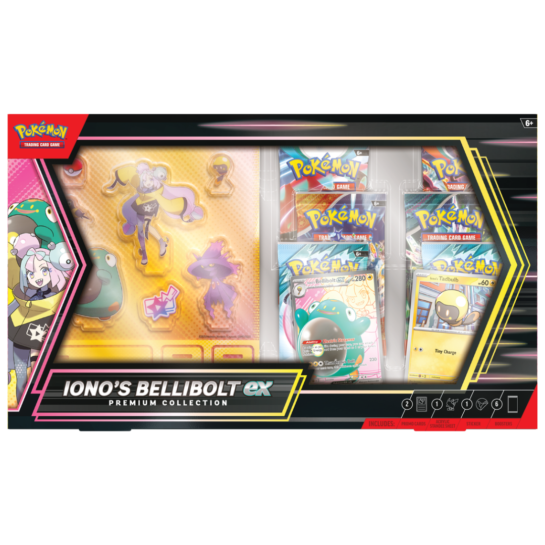 Pokemon Box Set Iono's Bellibolt EX Premium Collection, collectible set with Bellibolt EX card, promo cards, and accessories for Pokemon Trading Card Game fans.