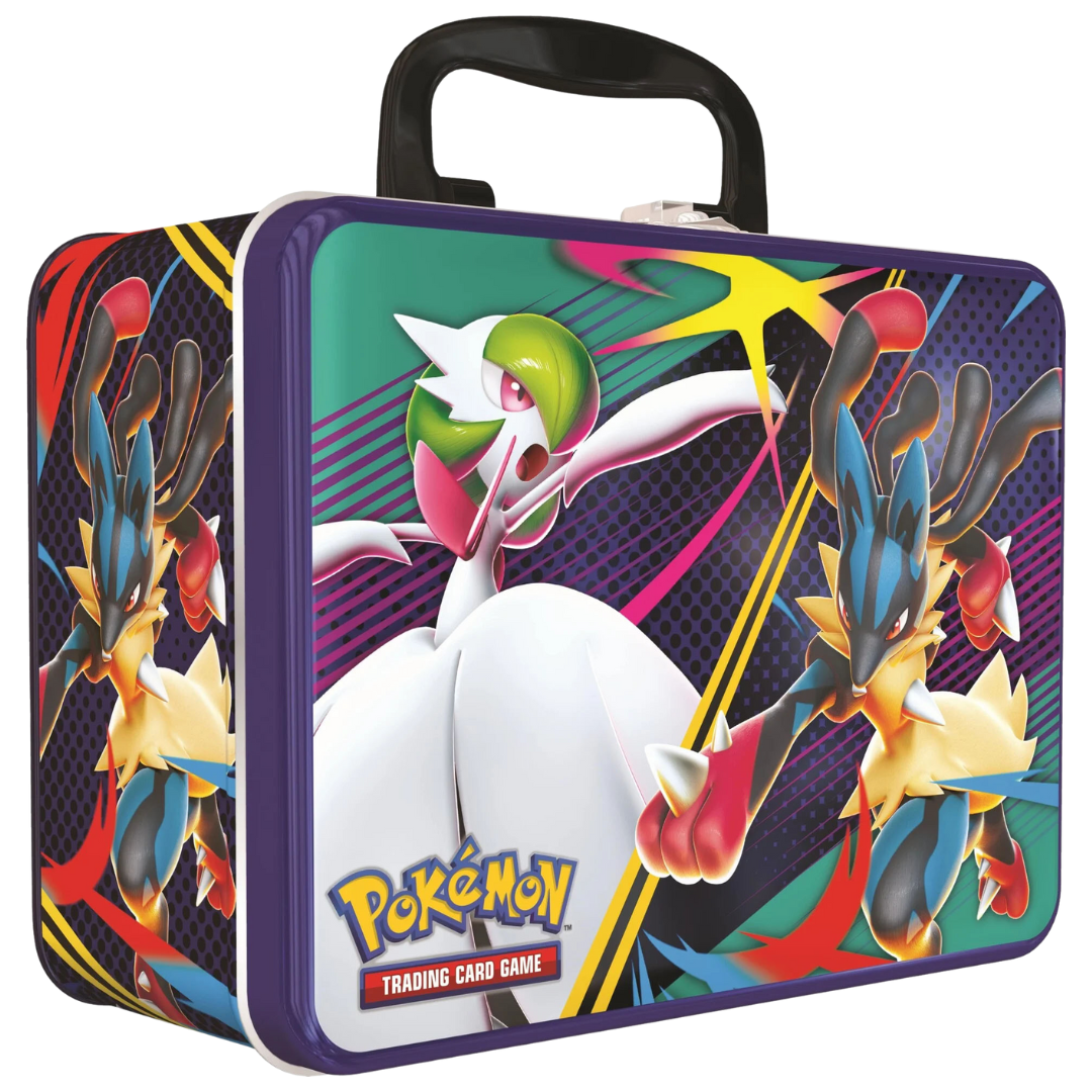 Pokémon TCG Collector Chest Winter 2025 with Mega Gardevoir and Mega Lucario artwork, promos, and accessories