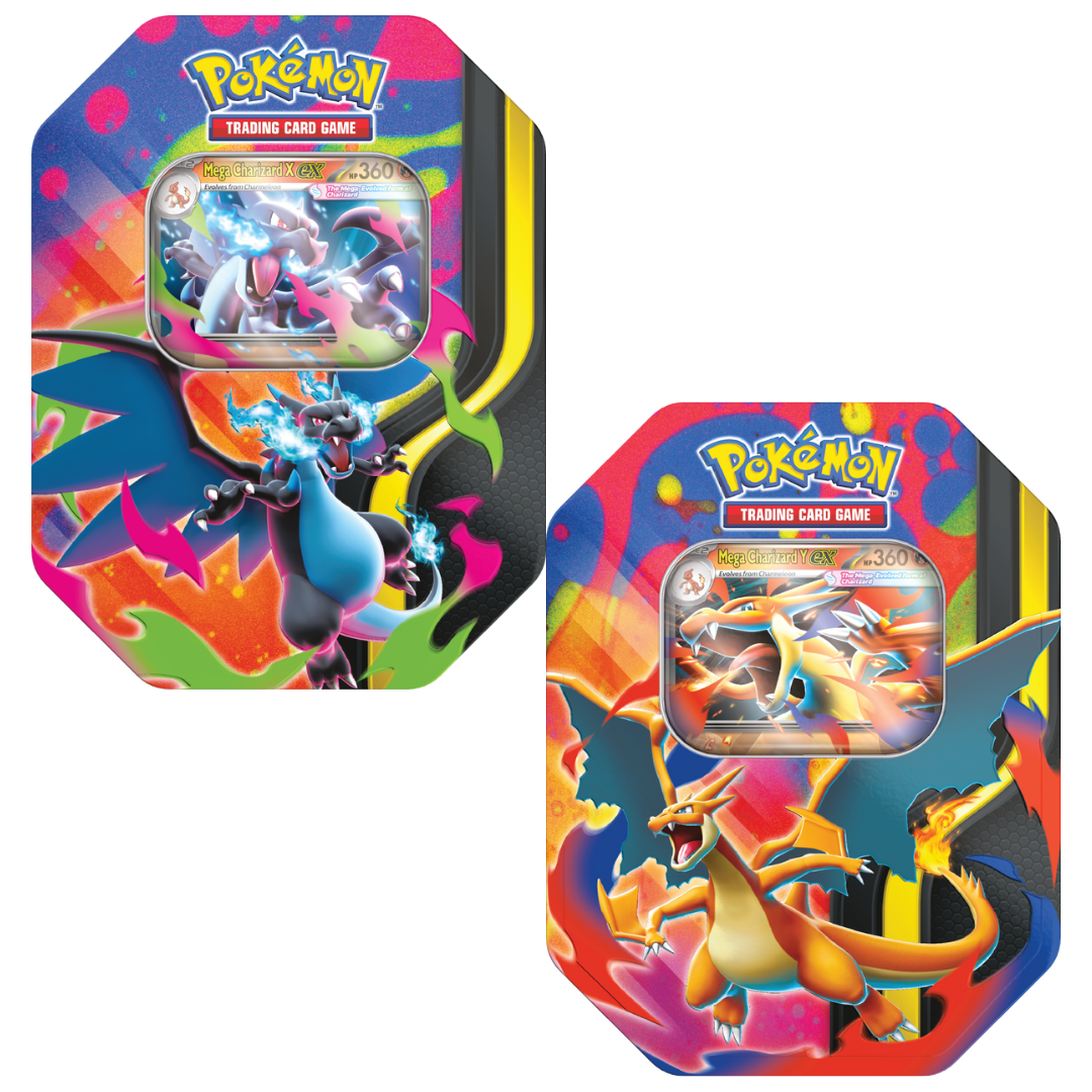 Pokemon Mega Charizard EX Mega Tin with foil promo card and booster packs in collectible metal tin