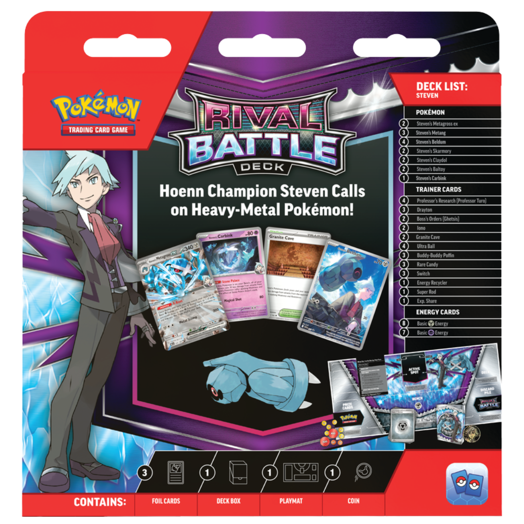 Pokemon TCG Rival Battle Deck Steven, ready-to-play themed deck featuring Steel-type Pokémon led by Champion Steven for collectors and competitive players.