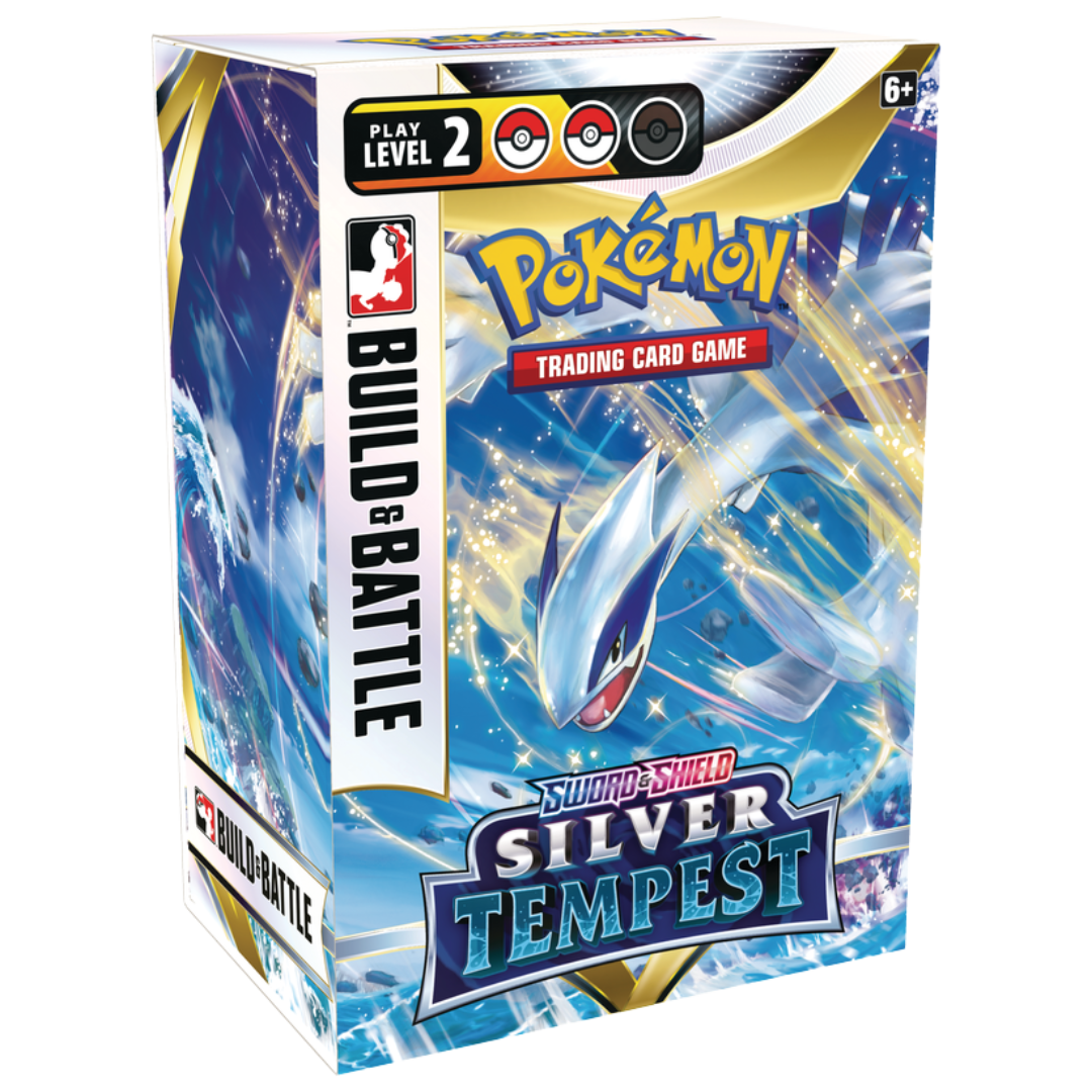 Pokémon Silver Tempest Build & Battle Kit with a ready-to-play deck, exclusive promo card, and booster packs for competitive play.