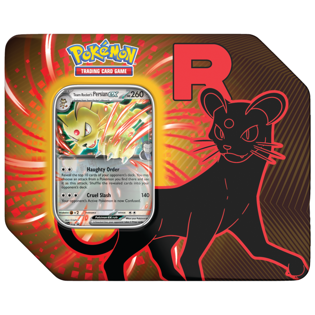 Pokémon TCG Team Rocket Tin featuring Persian ex promo card and booster packs