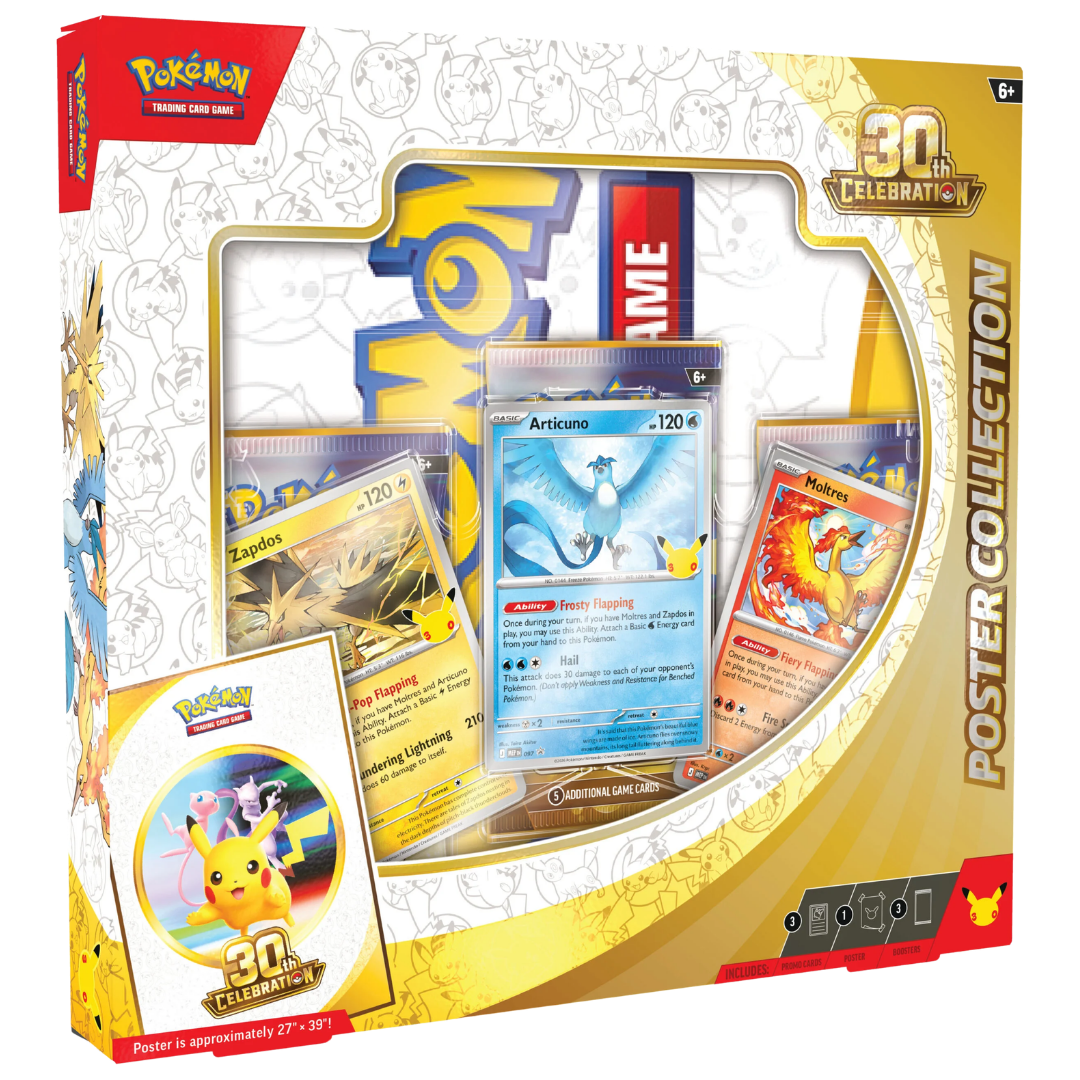 Pokemon 30th Celebration Poster Collection with Articuno, Zapdos and Moltres promos, three booster packs and poster.