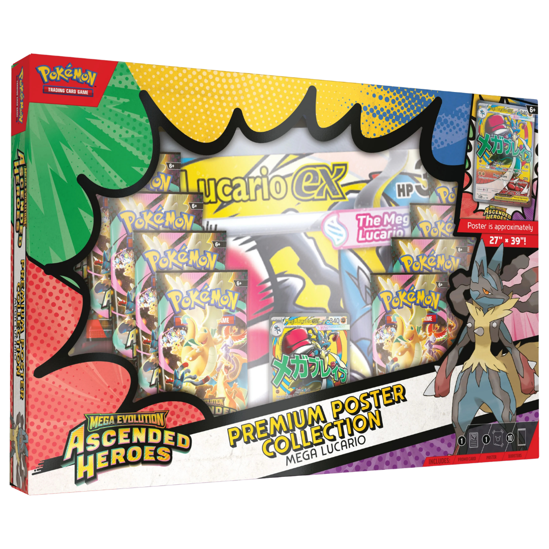 Pokemon Ascended Heroes Premium Poster Collection Mega Lucario ex box set with booster packs