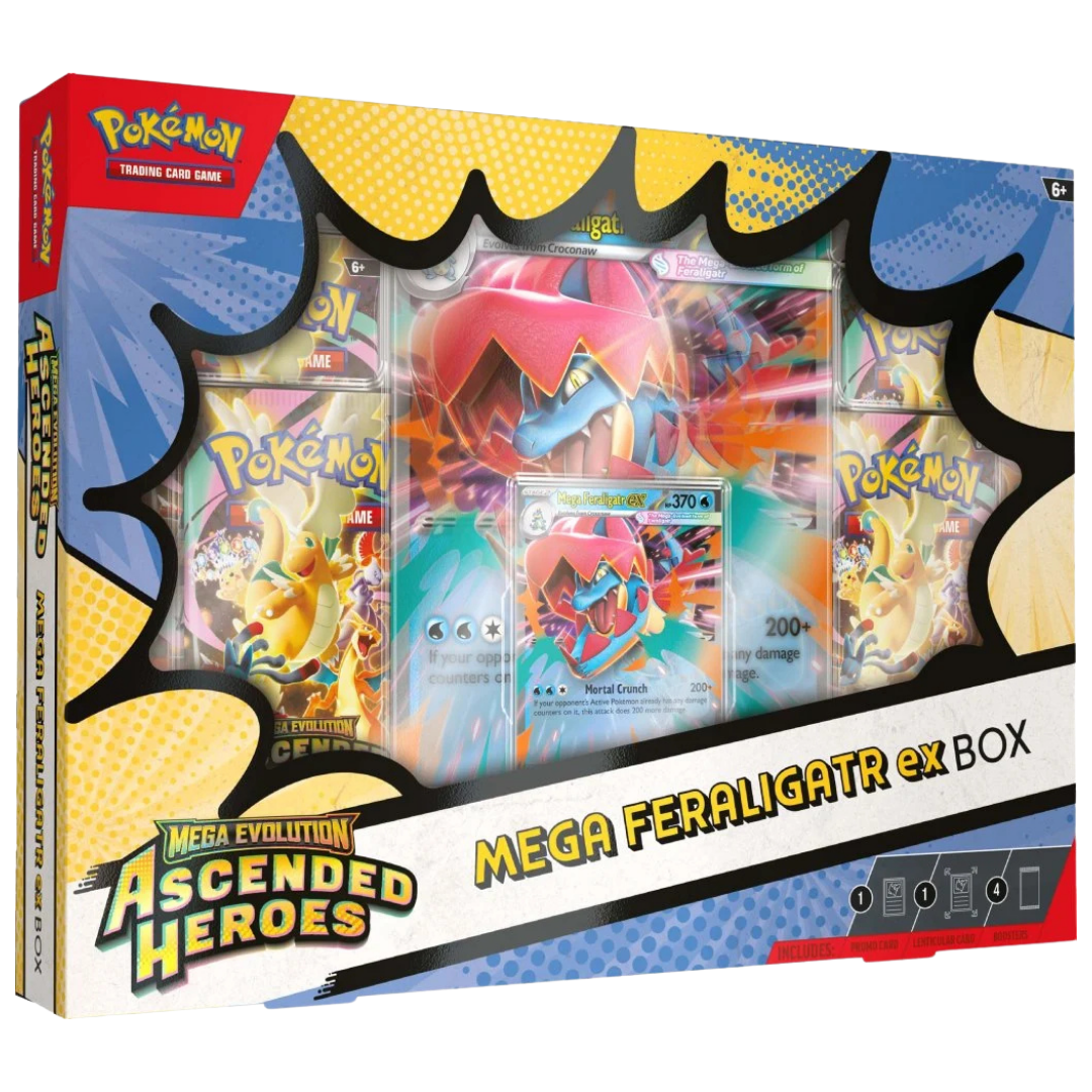 Pokemon Ascended Heroes Mega Feraligatr EX box with promo and jumbo lenticular card