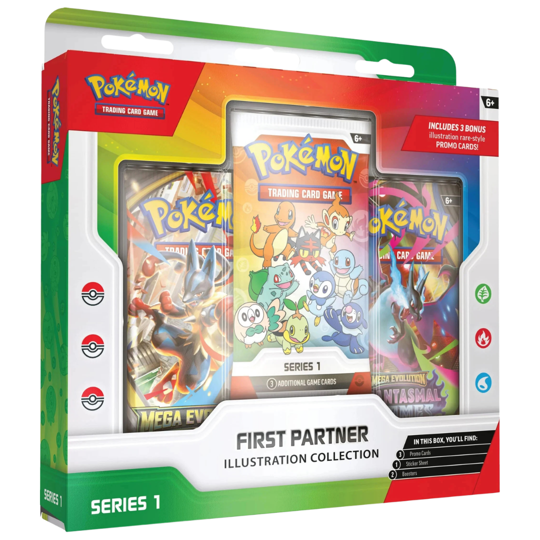 Pokemon First Partners Illustration Collection Series 1 box with promo cards booster packs and sticker sheet