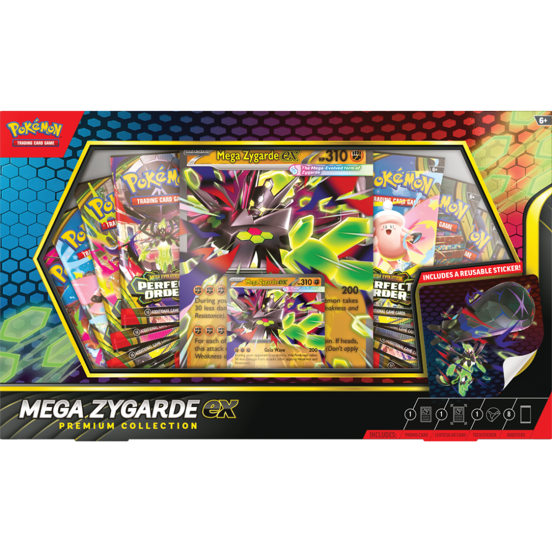Pokemon Mega Zygarde Ex Premium Collection box with foil promo card, lenticular oversize card, and 8 booster packs