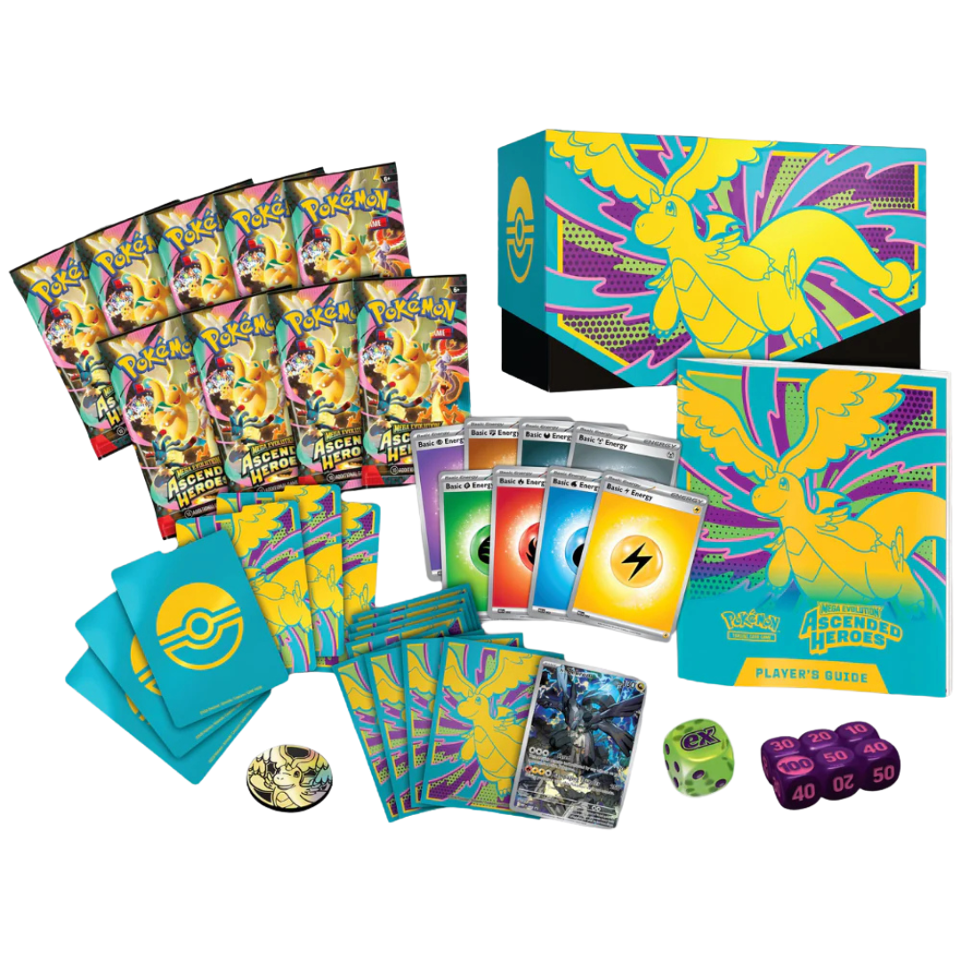 Pokemon ME02.5 Ascended Heroes Elite Trainer Box with booster packs sleeves dividers dice coin energies and N’s Zekrom promo