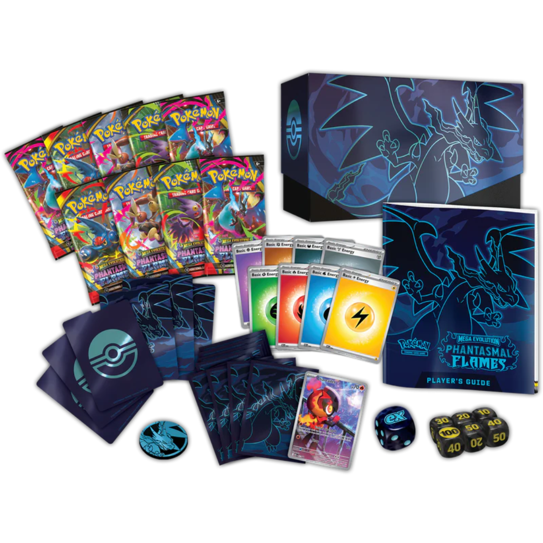 Pokemon ME02 Phantasmal Flames Elite Trainer Box sealed with booster packs and accessories