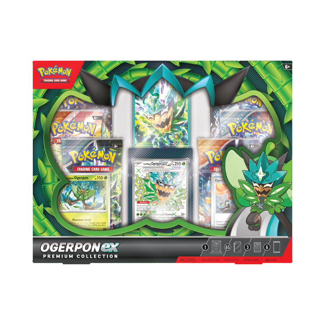 Pokémon TCG Ogerpon ex Premium Collection with Teal Mask Ogerpon ex promo card, Ogre’s Mask Trainer card, card sleeves, protector, and 6 booster packs.