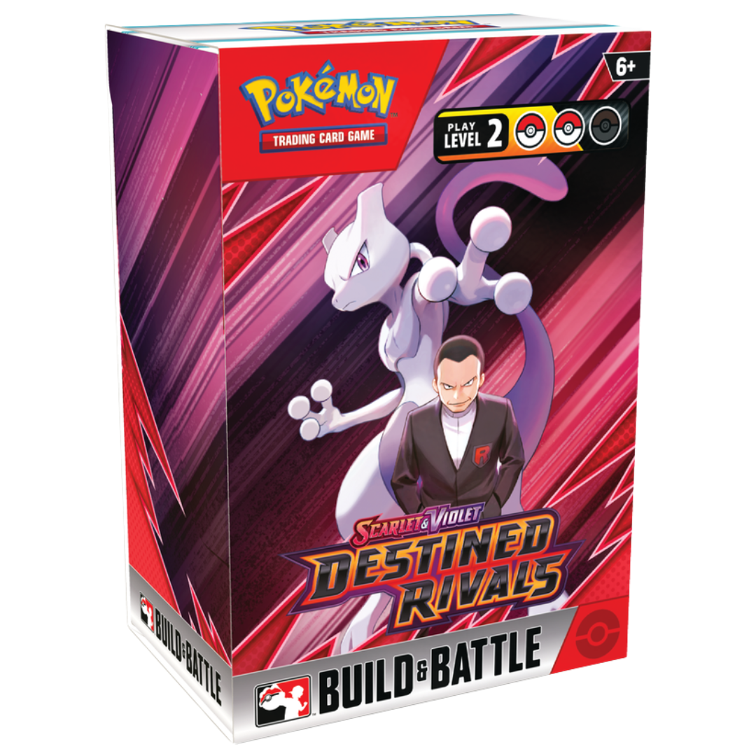 Pokemon SV10 Destined Rivals Build & Battle Box, pre-release kit with booster packs, ready-to-play deck, and exclusive promo card for Pokémon TCG players.