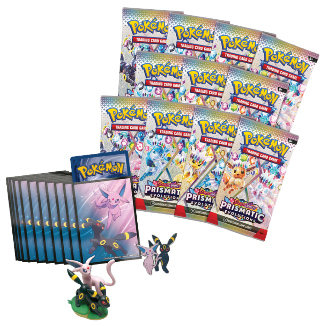 Pokémon Premium Figure Collection featuring Espeon ex and Umbreon ex etched promos, figure, pin, sleeves, and boosters