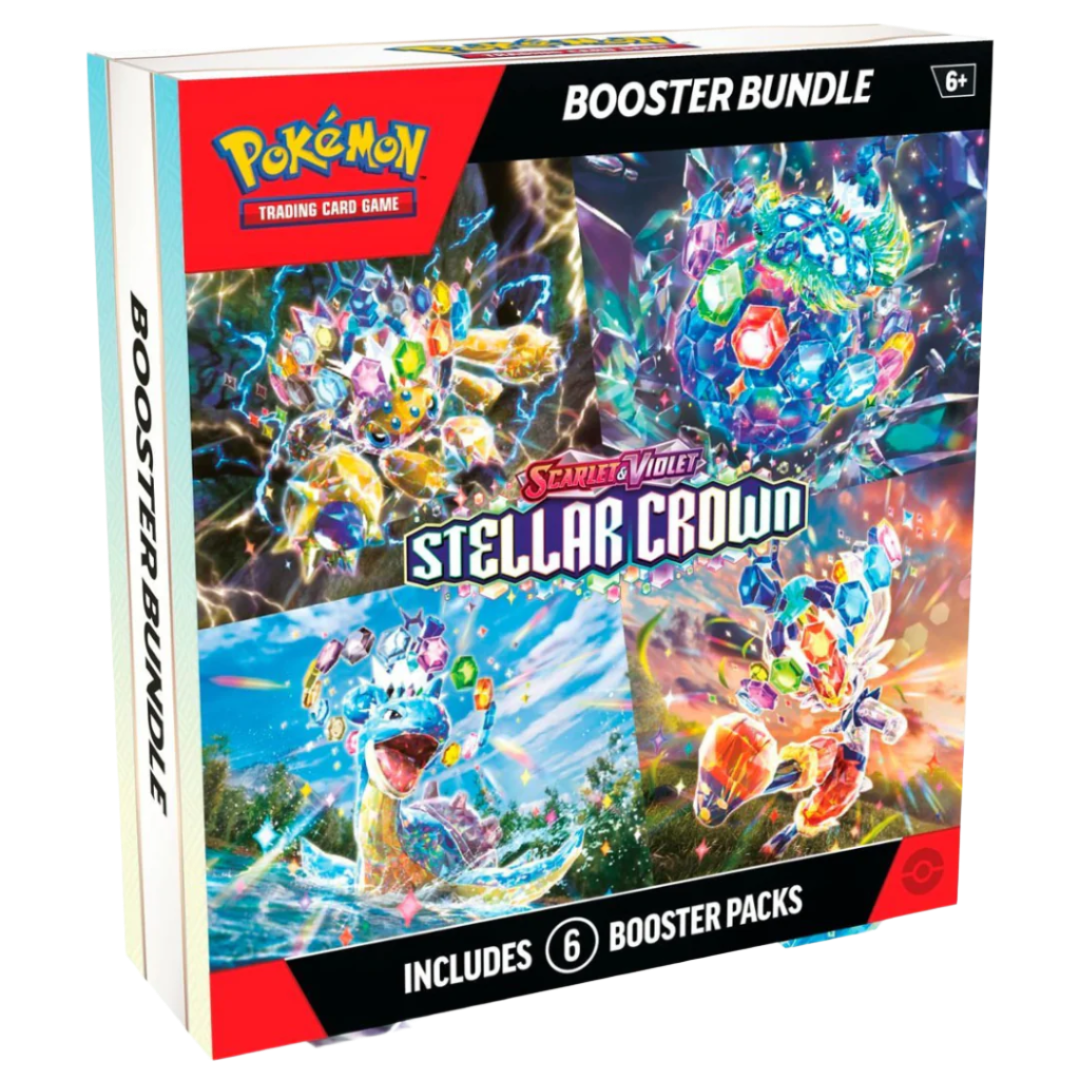 Pokémon Stellar Crown Booster Bundle, featuring six TCG booster packs with rare Pokémon, Trainer cards, and energy cards for collectors and players.