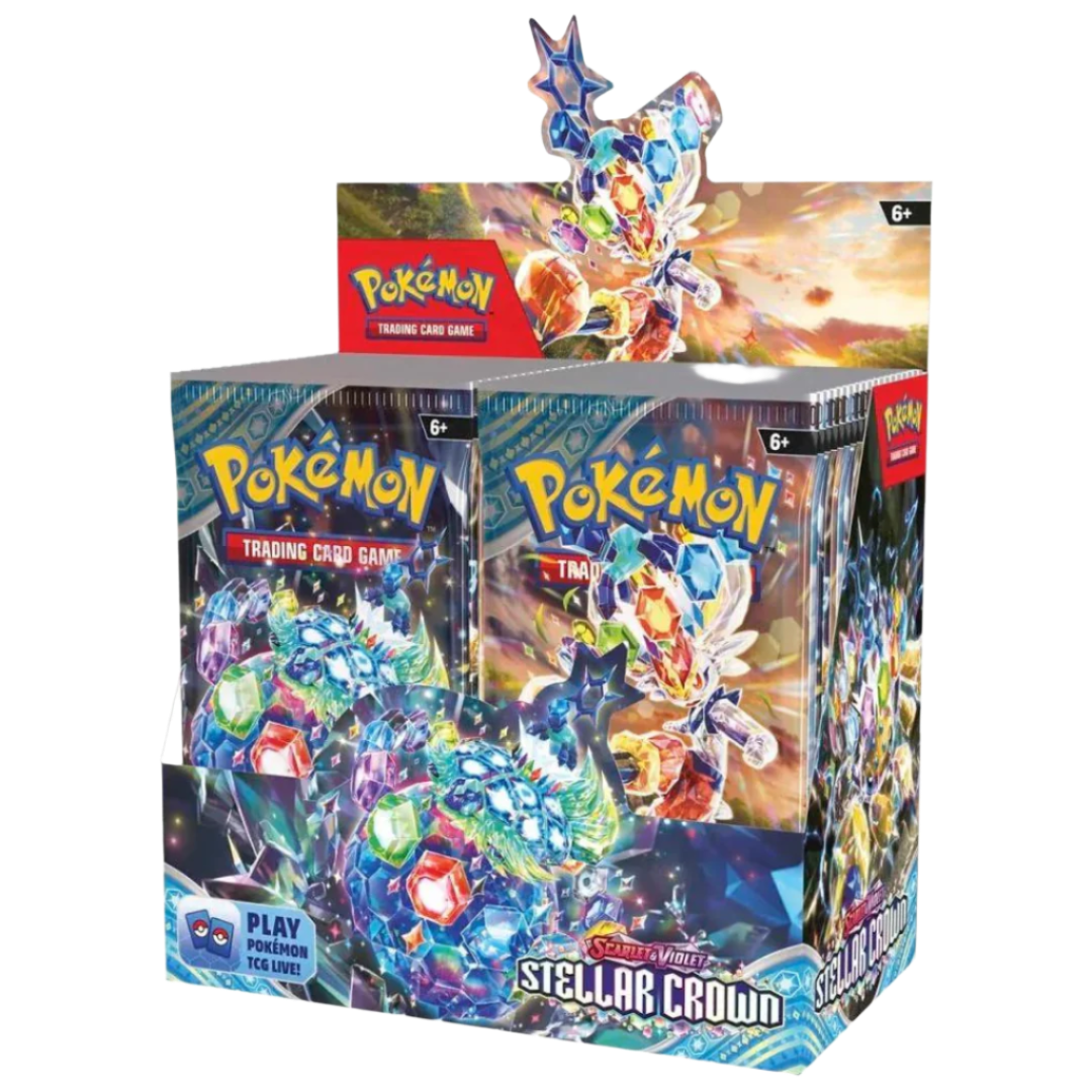 Pokémon Stellar Crown Booster Box, featuring 36 TCG booster packs filled with rare Pokémon, Trainer cards, and powerful energy cards.
