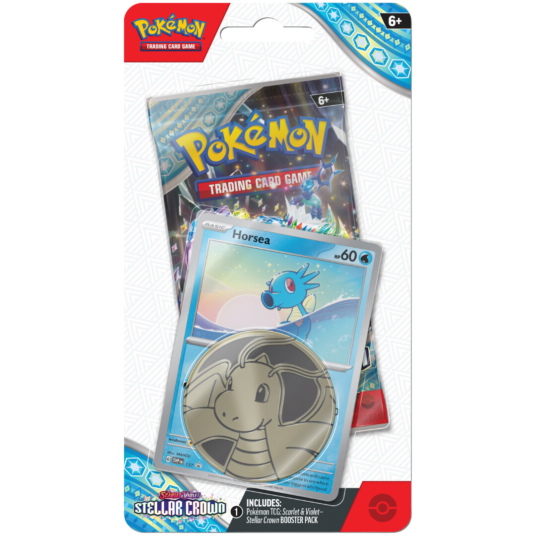 Pokémon Stellar Crown Checklane Blister (Horsea), featuring a TCG booster pack, exclusive promo card, and collectible metallic coin for fans.