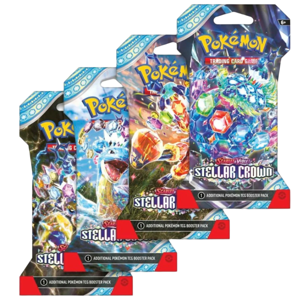 Pokémon Stellar Crown Sleeved Booster featuring 10 TCG cards, including rare Pokémon, Trainer cards, and energy cards, in vibrant protective packaging.