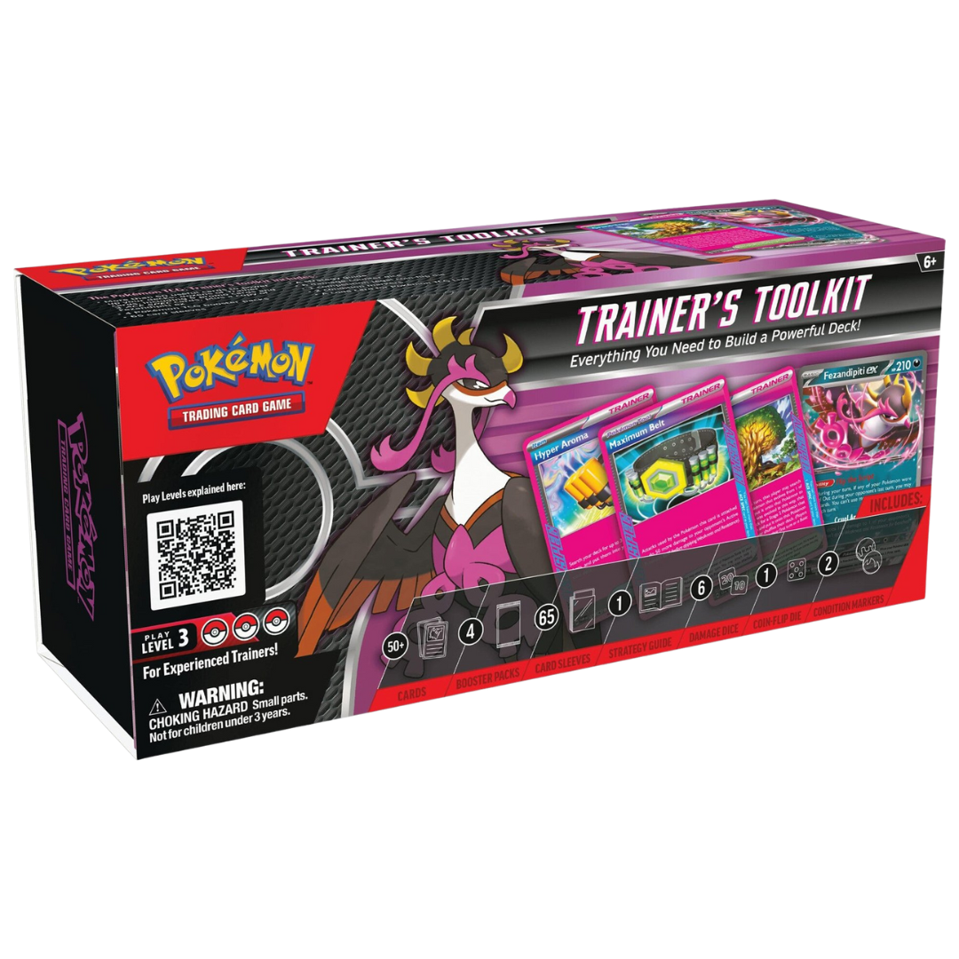 Pokemon TCG Trainer’s Toolkit 2025 box featuring Fezandipiti ex and included accessories