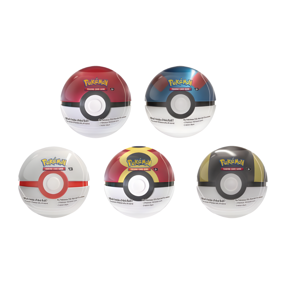 Set of five Poké Ball-style trading card holders on a white background