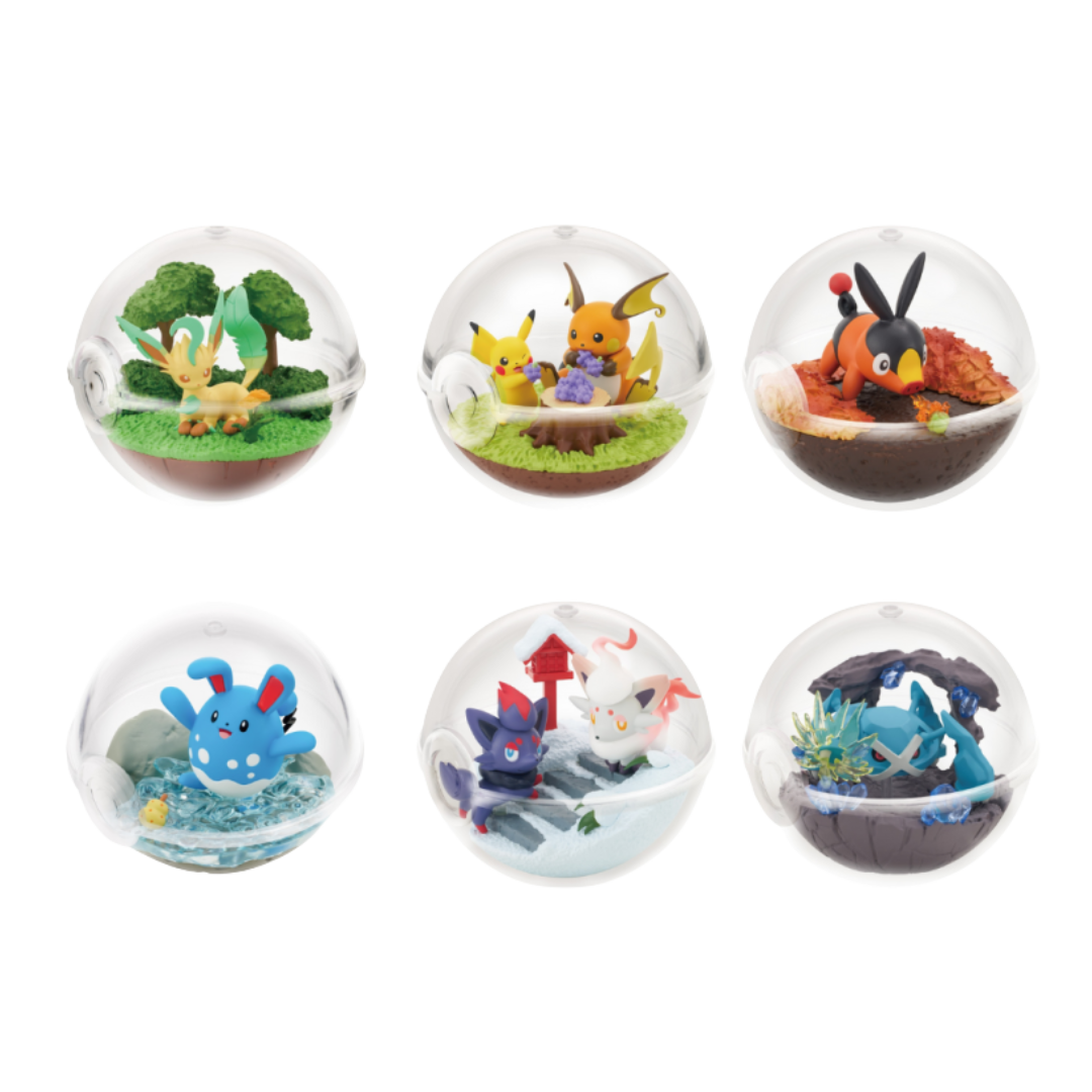 Re-Ment Pokémon Terrarium Collection Vol.14 Blind Box Set of 6 featuring detailed Pokémon miniatures in clear spherical terrariums.