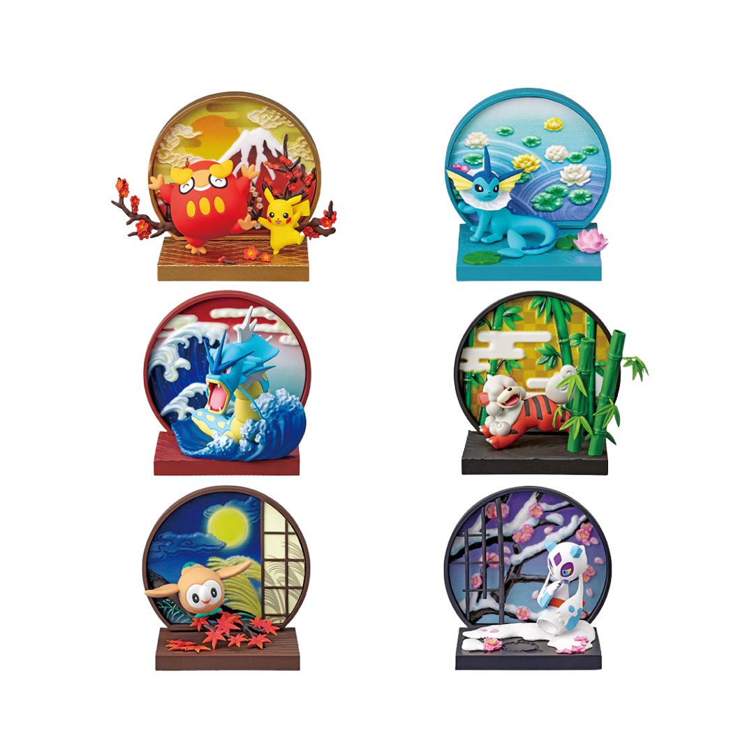 Re-Ment Pokémon Wanomado Blind Box Set of 6 featuring Japanese-style window dioramas with popular Pokémon characters in traditional settings.