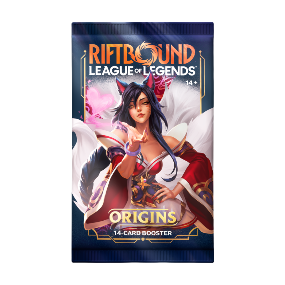 Riftbound League of Legends Origins booster pack front featuring Ahri