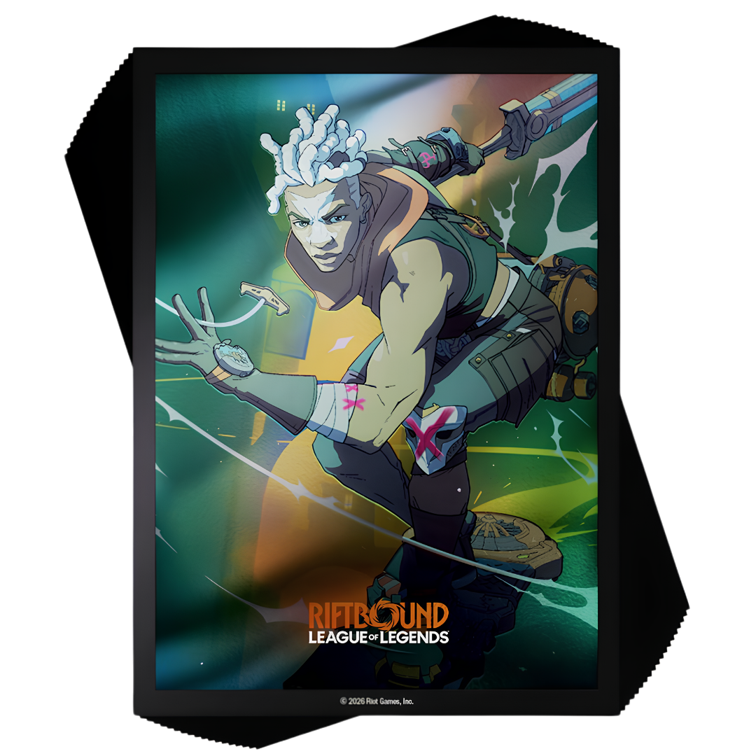 Riftbound Radiance Ekko art sleeves featuring full-color Champion artwork and the League of Legends logo.