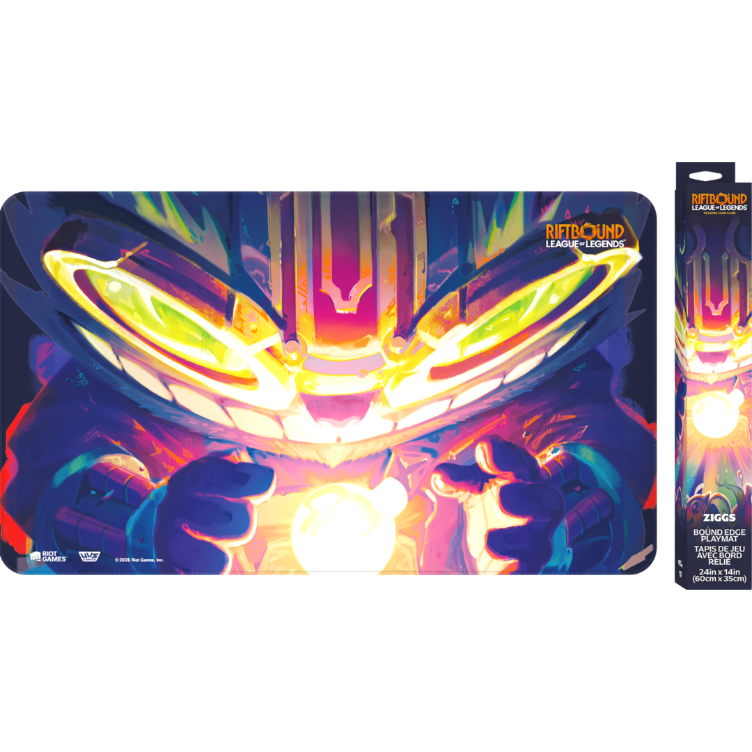 Riftbound Radiance Ziggs playmat with stitched edges, rubber backing, and vivid full-color Champion artwork.