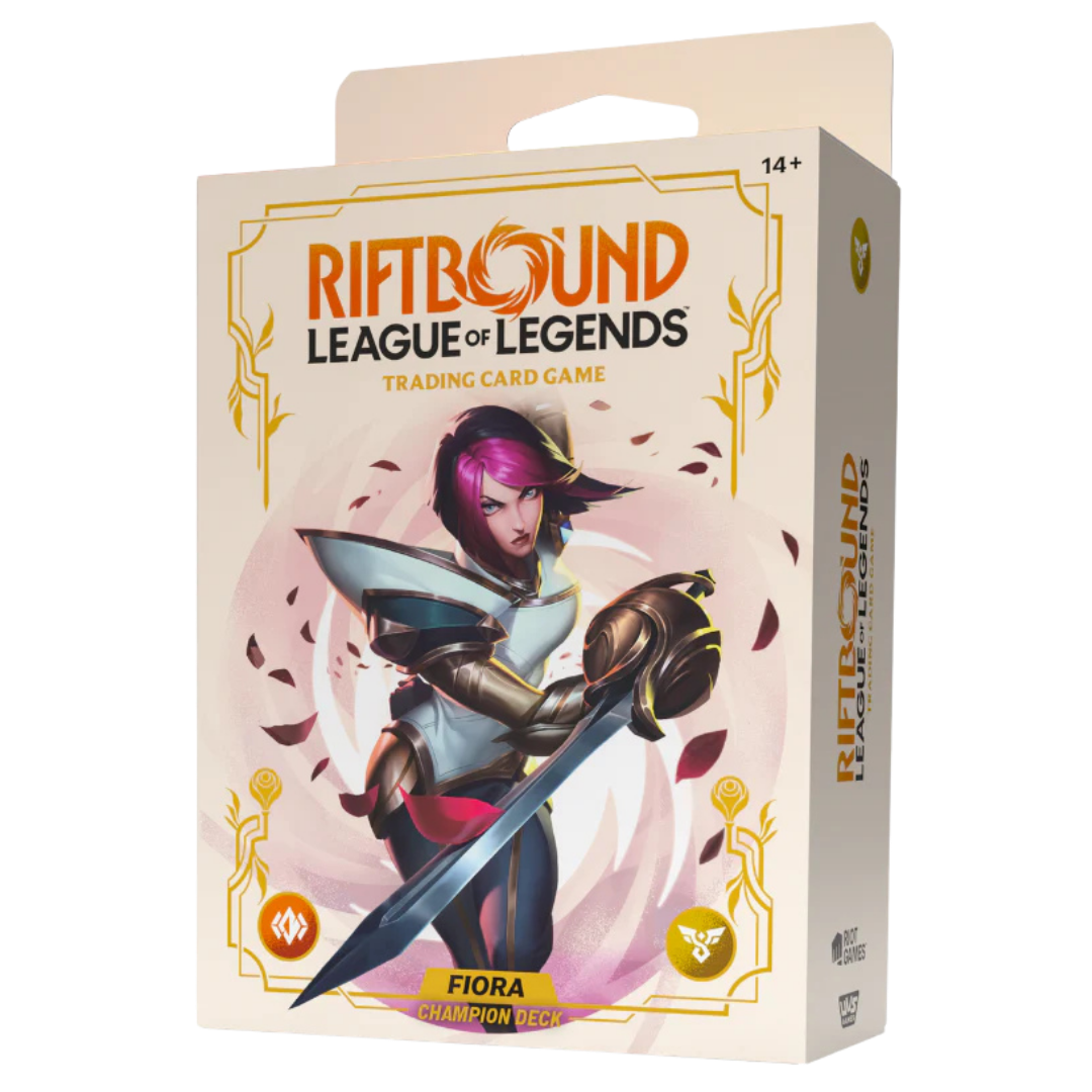 Riftbound League of Legends TCG Spiritforged Champion Deck Fiora box art featuring Fiora with rapier and duelist themed artwork